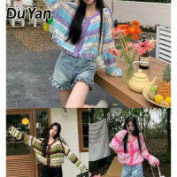 DU YAN เสื้อสเวตเตอร์แขนยาวผู้หญิง,เสื้อขอบคาร์ดิแกนดิบแต่งพู่แถบลายทางสีแตกต่าง