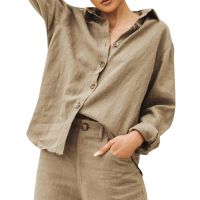 Casual Long Sleeve Cotton Linen Loose Womens Blouse Elegant Solid Vintage Harajuku Button Up Shirt Streetwear Oversized Tops