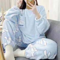 Kawaii Sanrios Anime Winter New Models Coral Fleece Plus Velvet Thickening Warm Teenage Heart Home Wear Suit Christmas Gift