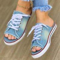 HOT★2022แฟชั่นผู้หญิงรองเท้าผ้าใบระบายอากาศสำหรับฤดูร้อนรองเท้าแตะ Lace Up Toe Ladies Faux Denim รองเท้าแบน Zapatos Mujer วัว