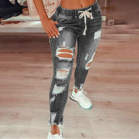 Boot Cut Jeans For Women Ripped Hole Jeans Skinny Slim Ladies Drawstring Denim Trousers Pants female jogger Pantalon jean fille