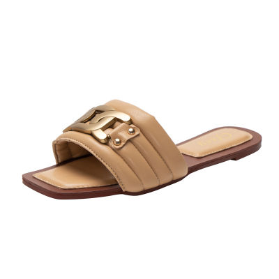 Design Gold Chain Women Slipper Open Toe Slip On Mules Shoes Flat Heels Casual Slides Flip Flops Beach Sandals 37-42