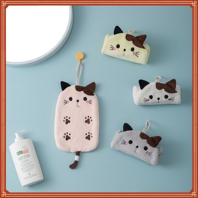 {Xiaoli clothing} ผ้าขนหนูปักลายแมวแบบแขวน Super Absorbent Home Decora Dual Purpose Coral Velvet Hand Towel Bathroom Supplies