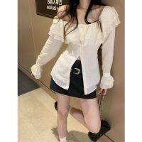 Jin qian time falbala accept waist chiffon shirt female early spring the new Korean word shoulder dress tide