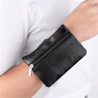 ∏◑♞ Genuine Leather Wome Men Wrist Bag Key Money Bag Coin Purse Business Card Cases Lady Coin Purses Zipper Pouch Card Holder Wallet