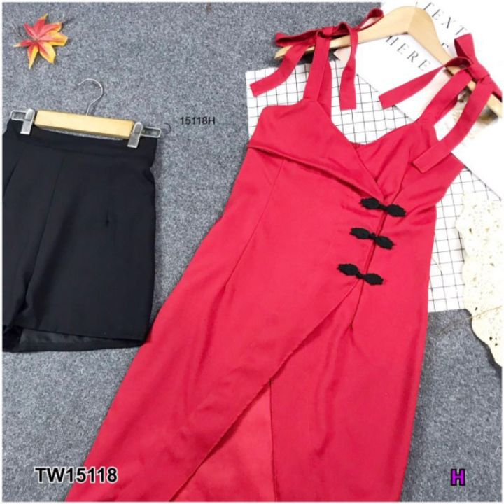 15118-ชุดเซท-เสื้อตัยาว-สายเดี่ยว-แต่งกระดุมจีน-กางเกงขาสั้น-ชุดสีแดง-ตรุษจีน-เสื้อผ้าแฟชั่น
