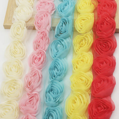 1030y 4cm Chiffon Rose Flower Trim for Newborn Baby Girl Jumpsuit Rompers Dress Dolls Trimming Sewing Headwear Accessories