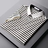 Kaus Polo Garis สำหรับผู้ชายฤดูร้อนเสื้อโปโล Lapel เสื้อลำลองธุรกิจแบบบางเบา