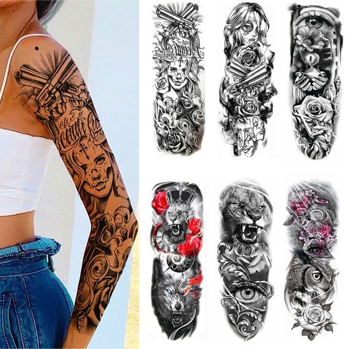 full-arm-temporary-tattoo-lady-gun-eye-flower-tiger-lion-skull-eagle-women-body-leg-waterproof-sticker-cool-man-totem-sleeve