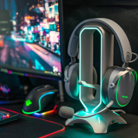 หูฟังยืน RGB Over-Ear Headset Holder สก์ท็อปชั้นวางจอแสดงผลที่มี2พอร์ต USB สำหรับเกมเมอร์เล่นเกมโต๊ะอุปกรณ์เสริมพีซี