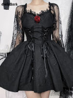 Pane CWwartGoth Dark Grunge E girl Bandage A-line Women Dresses Mall Gothic Aesthetic Emo Black Slim Dress Lace Long Sleeve Alt Partywear