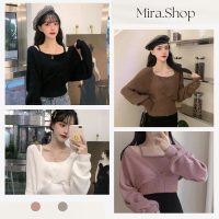 Mira.shop เสื้อไหมพรมคอวีแขนยาว แต่งสายเดียวด้านใน น่ารักสไตล์เกาหลี เสื้อแขนยาว 3010