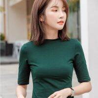 Freeshipping Women Cotton T-Shirt High Collar Solid Color Lady Tees Half Sleeve Womens Clothing All Match Female T-Shirts