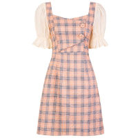 summer new temperament Korean womens short-sleeved plaid stitching chiffon A-line dress