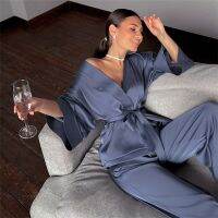 Pure Color Pajamas Womens Bathrobe Pajamas Fashion 2023 Spring And Autumn Loose Flared Home Pants Quarter-sleeved Satin Pajamas