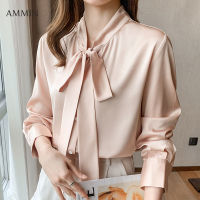 AMMIN เสื้อภาษาฝรั่งเศสคำเสื้อผูกคอวีกับโบว์หูกระต่าย Elegant เสื้อเชิ้ตผ้าไหมเวอร์ชันผู้หญิงเกาหลี2021ฤดูใบไม้ร่วงใหม่แขนยาว Single-Breasted เสื้อ