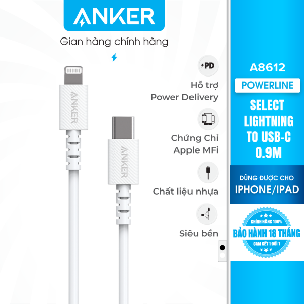 Cáp sạc Anker Select Lightning to USB-C dài 0.9m – A8612 – Hỗ trợ sạc nhanh 18W cho iPhone 8 trở lên