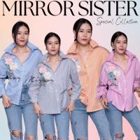 ?ป้าย Mirrorsister 30321.3 เสื้อเชิ้ตลายริ้วทรงเบสิค แต่งประดับดอกไม้3D  เนื้อผ้าดีใส่สบายไม่ร้อน