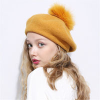 Xthree Winter wool beret hat with Ostrich fur pom pom knitted hat for women girl solid fashion cap