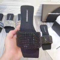 2023 alexanderˉ wangˉsummer new open-toe rhinestone flat-bottomed flat-bottomed slippers for women wearing fashionable square slippers for women wearing Korean sandalsTH