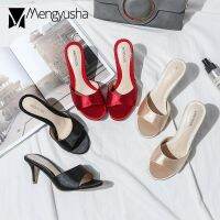 HOT★34-43ผ้าไหมส้นสูงรองเท้าแตะเปิดเท้ารองเท้าฤดูร้อน Sandalias Mujer Femme pantoufles สไลด์