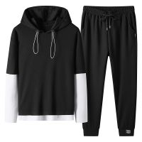 New Men Spring Fake Two Piece Hoodie Set Mens Sportswear Casual Running Sweatshirt + Sweatpants 2 Piece Male Plus Size Suit 5XL