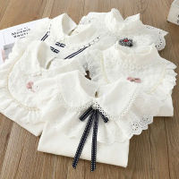 Girls White T-shirt Tops Childrens Lapel Pearl Shirts Middle and Large Childrens Stand-up Collar Bud Lace Bottoming Shirts