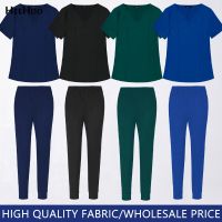 Beautician Stretch Solid Color Scrub Set for Women V-Neck Scrub Top &amp; Jogger Scrub Pants High Quality Dentistry Doctor Uniform