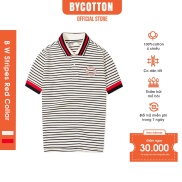 Áo Thun Polo Nam Cổ Bẻ Sọc Trắng Đen Phối Cổ Đỏ BY COTTON B W Stripes Red