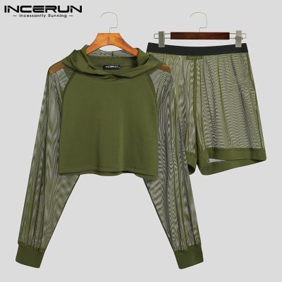 ☋ hnf531 [Perfectly] Western Style INCERUN 2PCS Mens Long Sleeve Hoodies Shorts Pajamas Sets Homewear See Through Sheer Suit