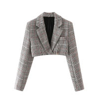 Crop blazer and skirt sets elegant jacket notched long sleeve houndstooth blazer suits 2 pieces set women office wear skirt sets