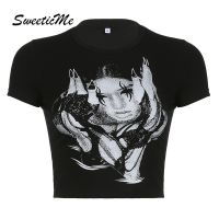 Sweeticme ใหม่ เสื้อยืดลําลอง แขนสั้น คอกลม ทรงสลิม พิมพ์ลาย แฟชั่นสําหรับสตรี 2023 QC7311643