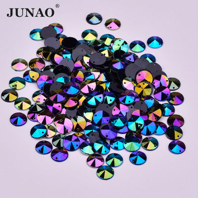 JUNAO 1000pcs 10mm Sewing Black AB Rivoli Crystal Rhinestone Flat Back Sewn Stones Glitter Strass Applique for Needlework Crafts