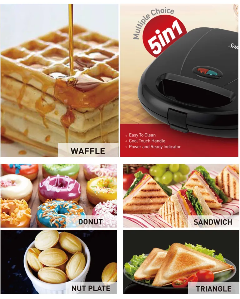 Electric Waffle Maker 3 IN 1 Grill Sandwich Cake Donut Walnut