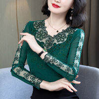 M-4XL Spring Autumn Women long-sleeved T shirt 2021 Bright silk Mesh shirt Patchwork Diamond Lace Tops Blusa