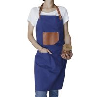 Barber Fashion Canvas Cotton Aprons for Women Men Adjustable Leather Strap Apron with Leather Pocket and Center Pockets Pinafore