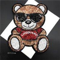 1Pc New Iron on Sunglasses Bear Appliques in Patches Sequin Embroidery Cloth Stickers Coat Sweater Decorative Back Glue 19X24cm  Furniture Protectors