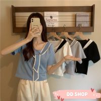 DD SHOP "พร้อมส่ง"(85029)เสื้อไหมพรมแขนสั้น มีสายผูกด้านหน้า