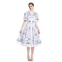 Women Dress Spot Real  Elegant Short Sleeve  Vintage Printed Midi Dress