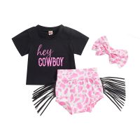 Pudcoco Infant Newborn Baby Girls Shorts Set, Short Sleeve Letters T-shirt with Cow Pattern Tasseled Shorts and Hairband 0-24M  by Hs2023