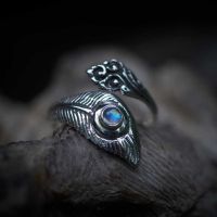 [COD]ROVSKI Fashion Jewelry Devil S Eye Open Feather Ring Vintage Thai Silver Moonstone Ring Men