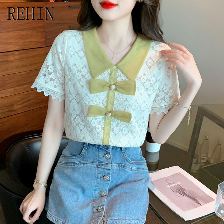 rehin-เสื้อเชิ้ตผู้หญิงเสื้อผู้หญิงแขนสั้นผูกโบว์ผ้าชีฟองลูกไม้แบบช่องรับรู้การออกแบบแฟชั่นใหม่ฤดูร้อน