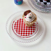 Grid Dot Glass Plate Girls Sweet Fruit Salad Plates Creative Checkerboard Lattice Plate Glass Dessert Cake Muffin Plate