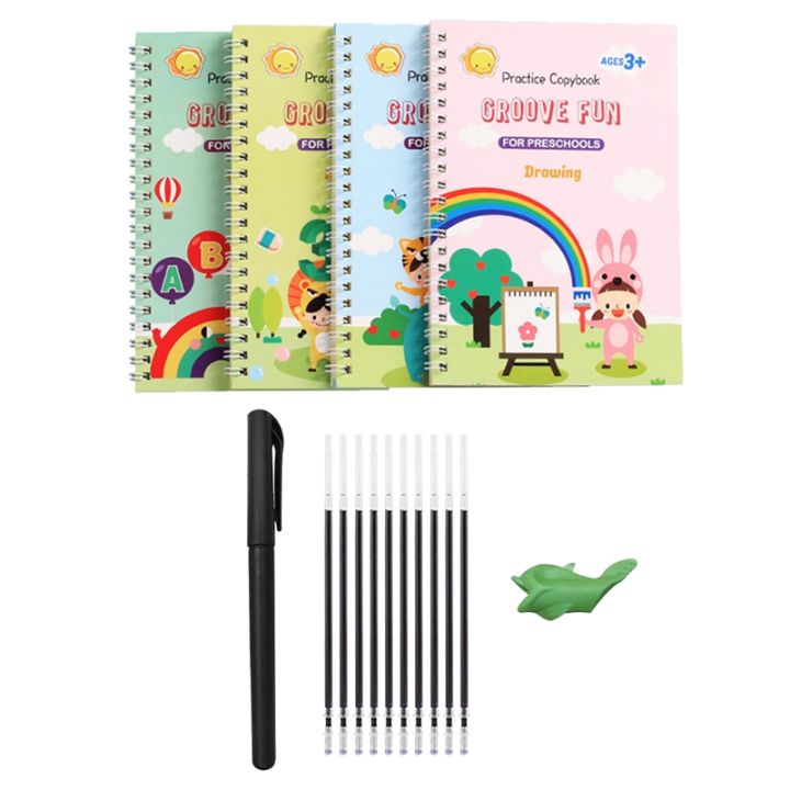 4-pc-grooved-handwriting-book-practice-magic-copybook-for-kids-grooved-kids-writing-with-auto-disappear-ink-pen