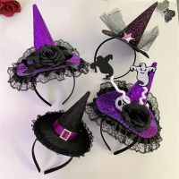 New Halloween Headband Lace Witch Hat Shape Hair Hoop For Girls Personality Shiny Headwear Masquerade Party Hair Accessories