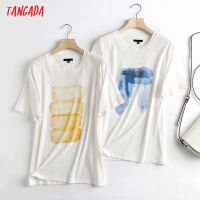 Tangada 2021 Women Print High Quality Cotton T Shirt Short Sleeve O Neck Tees Ladies Casual Tee Shirt Street Wear Top 4C134