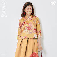 Woman Mandarin Top - Mythical Tale เสื้อสไตล์จีนจากผ้าพิมพ์ลายมังกรหงส์ ตกแต่งด้วยดีเทลลวดลายโค้งช่วงหน้าอก  ใส่ง่ายด้วยทรงซ้อนทบด้านหน้า