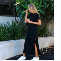 HOT★Women long dress short-sleeved round collar solid color spit Summer spring Dresses Casual Vestidos YKDnz701