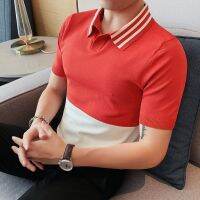 เสื้อโปโลถักคอวีแนวคอวีสำหรับผู้ชายคุณภาพสูงแขนสั้นผ้าไหมน้ำแข็งยืดหยุ่นลำลองคอเสื้อ3XL-M ฤดูร้อน2023
