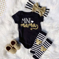 New 0-18M Baby Girl Bodysuit Girls Letter Short Sleeve Striped Heart Leg Warmer Headband Outfits Newborn 3pcs Kids Clothes Set  by Hs2023